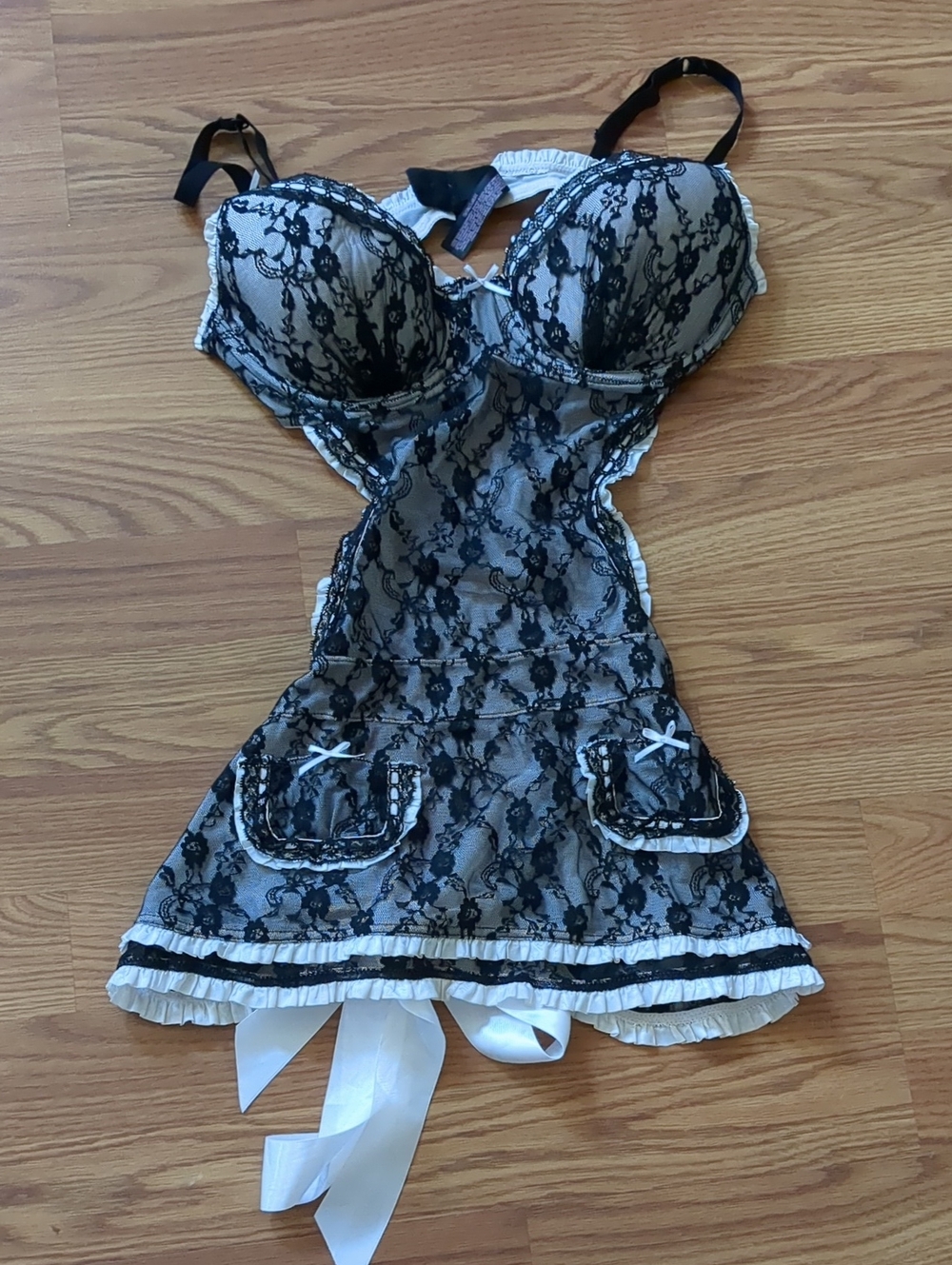 VTG Victoria's Secret Y2K Black Lace French Maid Lingerie Babydoll Apron 38D